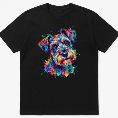 Watercolor splash of a colorful Schnauzer dog in multiple bright colors — printed on a unisex t-shirt
