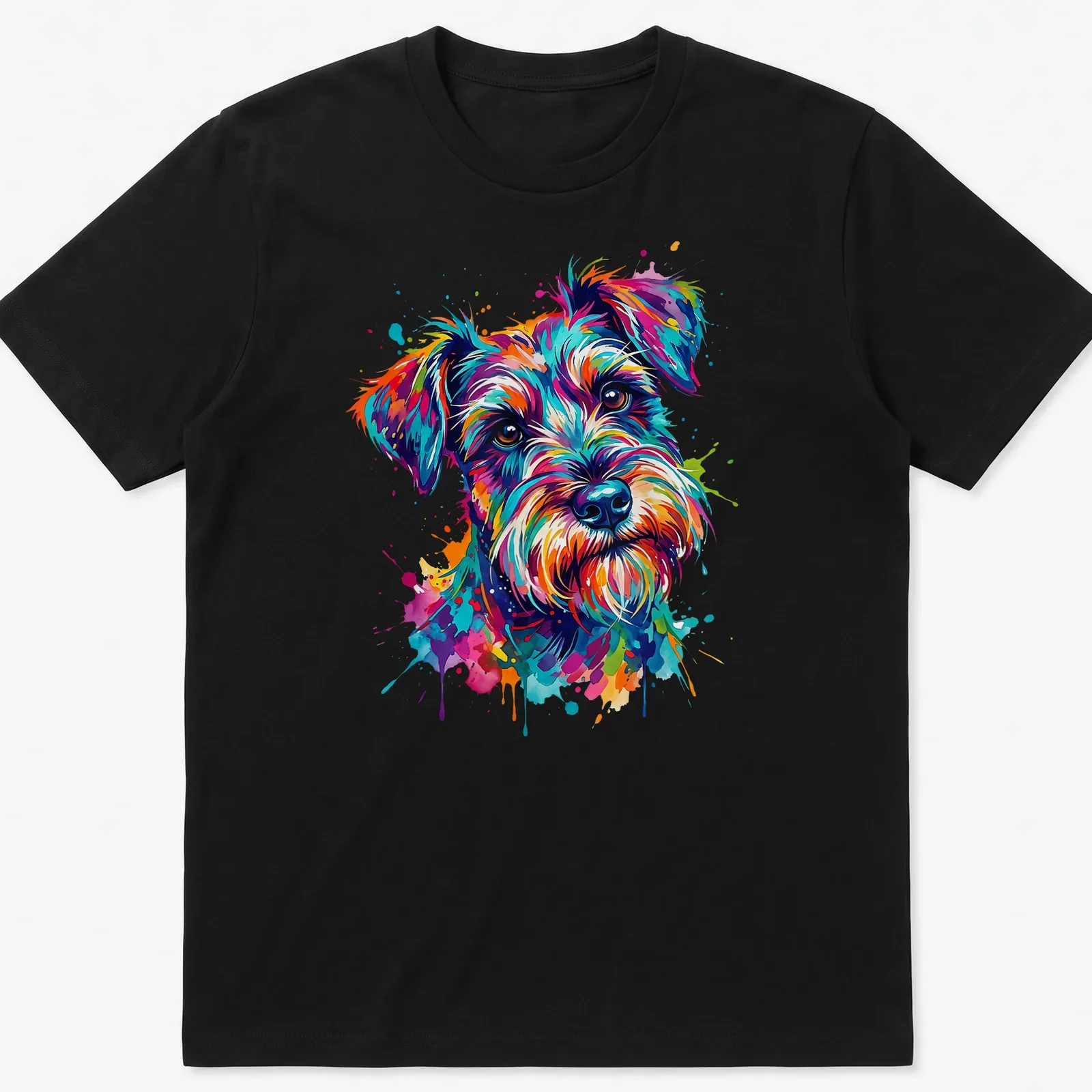 Watercolor splash of a colorful Schnauzer dog in multiple bright colors — printed on a unisex t-shirt