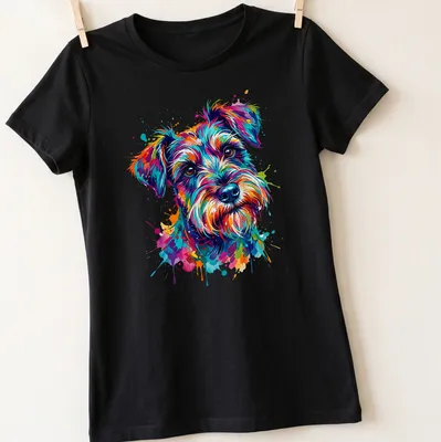 Watercolor splash of a colorful Schnauzer dog in multiple bright colors — printed on a women's shirt