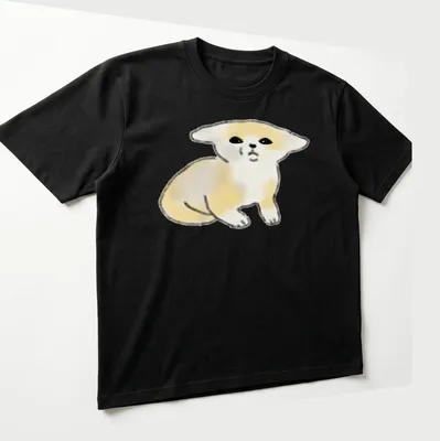 Watercolor print of a confused fennec fox in light yellow and black — printed on a unisex t-shirt (angled view)