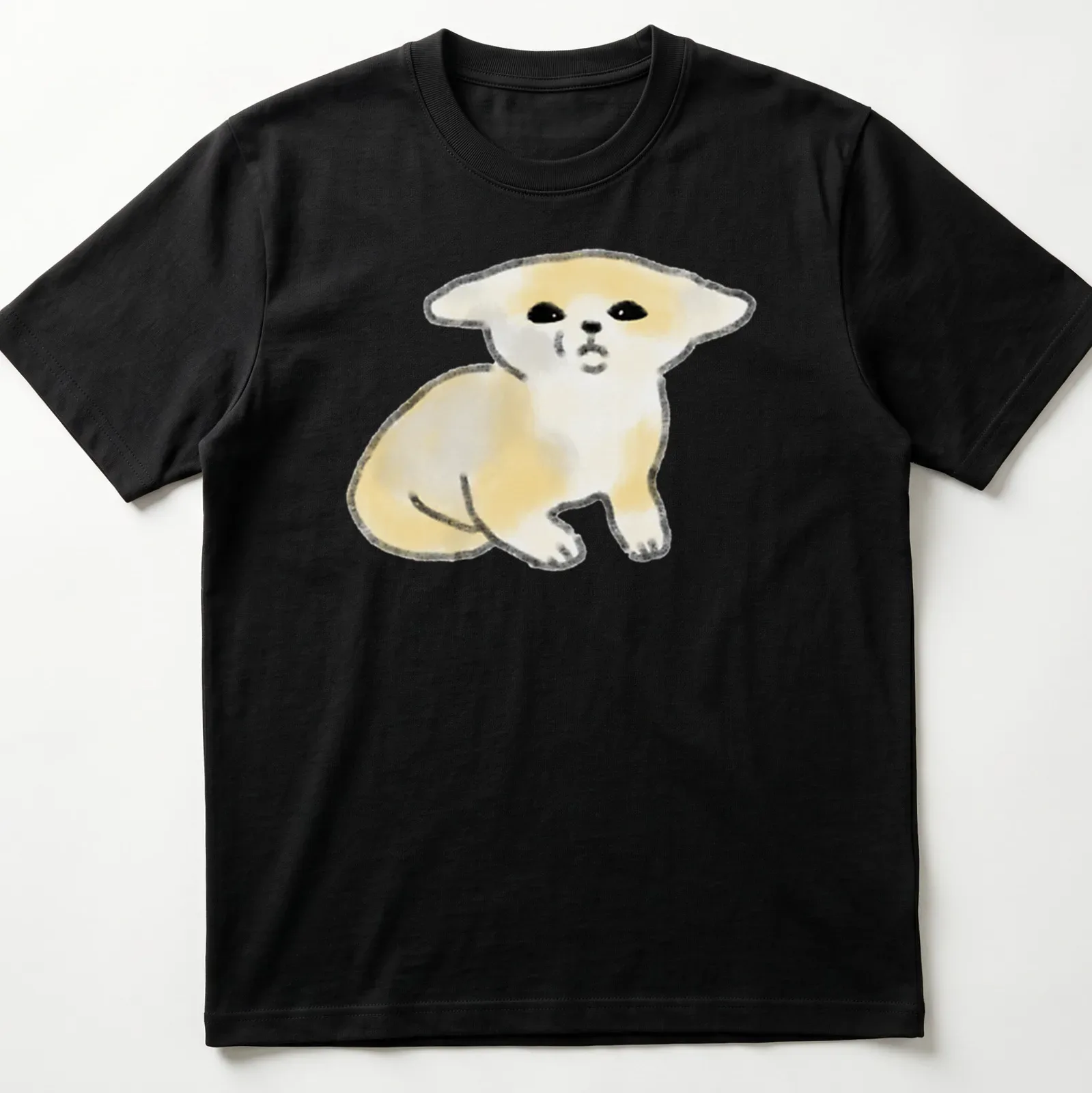 Watercolor print of a confused fennec fox in light yellow and black — printed on a unisex t-shirt