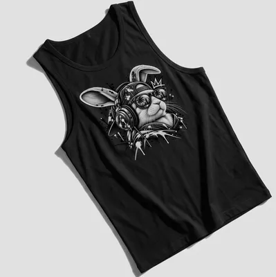 Street art splatter design featuring a DJ rabbit in black and gray — printed on a tank top