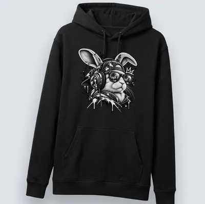 Street art splatter design featuring a DJ rabbit in black and gray — printed on a unisex hoodie