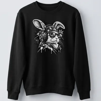 Street art splatter design featuring a DJ rabbit in black and gray — printed on a unisex sweatshirt