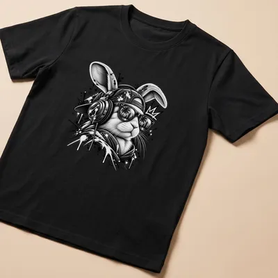 Street art splatter design featuring a DJ rabbit in black and gray — printed on a unisex t-shirt