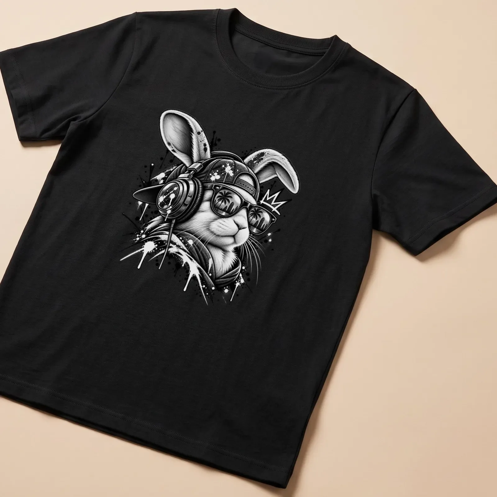 Street art splatter design featuring a DJ rabbit in black and gray — printed on a unisex t-shirt