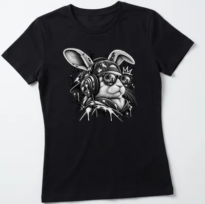 Street art splatter design featuring a DJ rabbit in black and gray — printed on a women's shirt