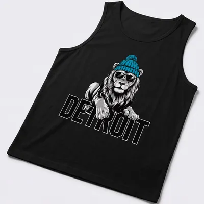 Illustration of a lion in a beanie and sunglasses with Detroit text beneath — printed on a tank top
