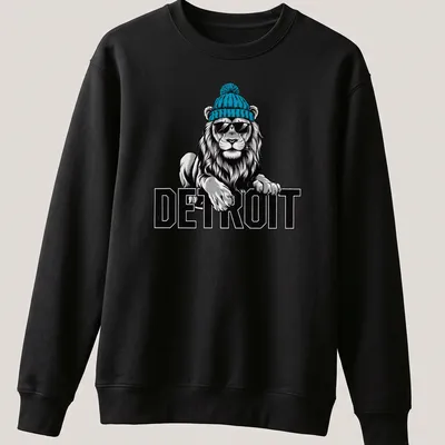 Illustration of a lion in a beanie and sunglasses with Detroit text beneath — printed on a unisex sweatshirt