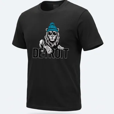 Illustration of a lion in a beanie and sunglasses with Detroit text beneath — printed on a unisex t-shirt