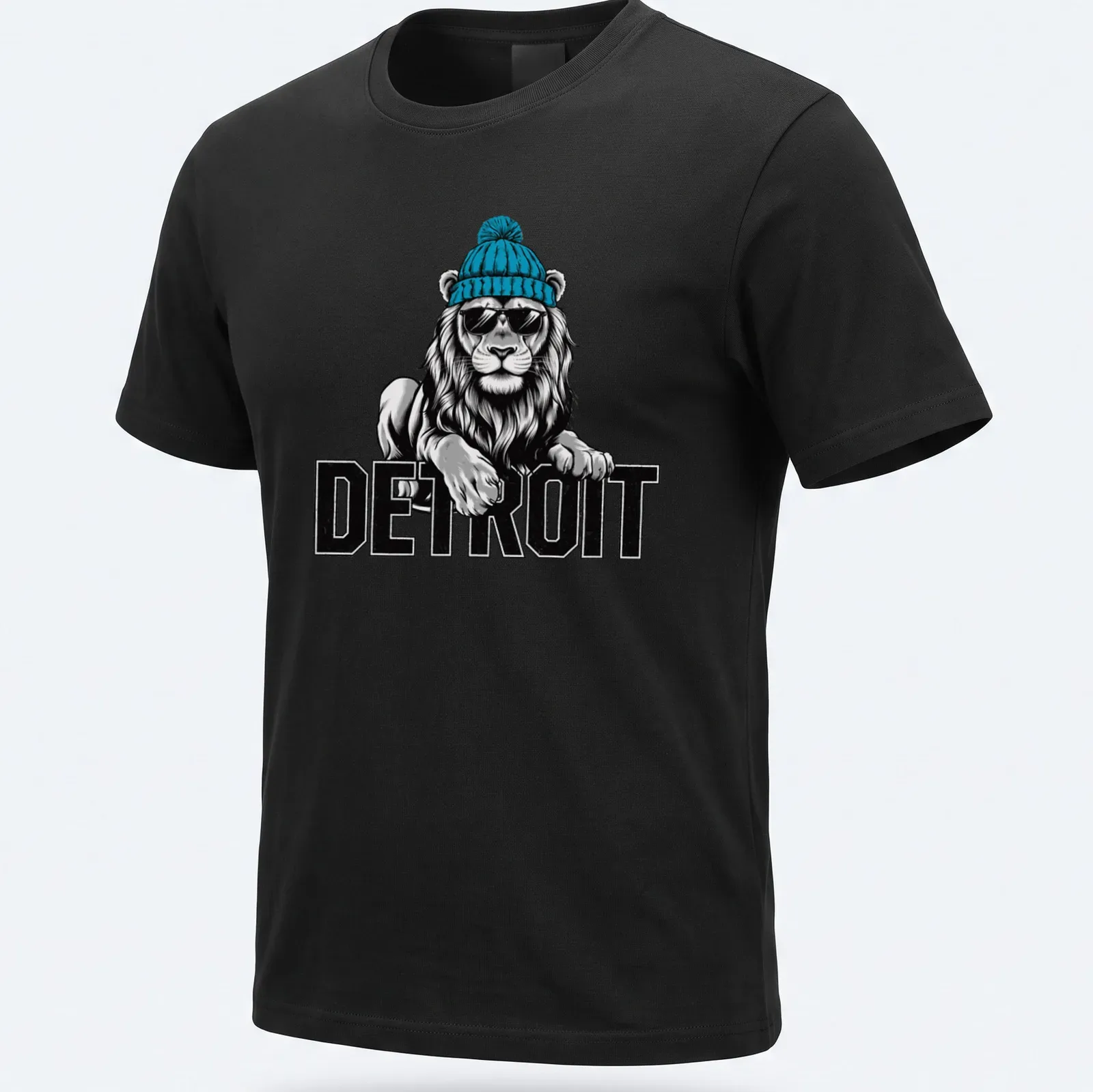Illustration of a lion in a beanie and sunglasses with Detroit text beneath — printed on a unisex t-shirt
