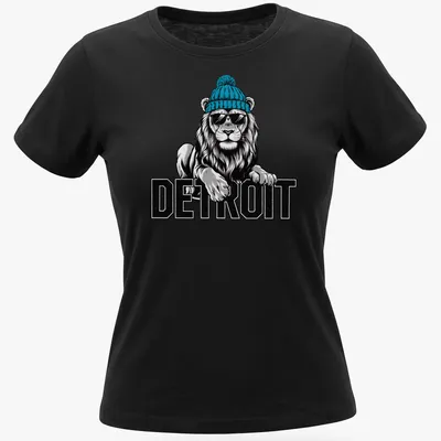 Illustration of a lion in a beanie and sunglasses with Detroit text beneath — printed on a women's shirt