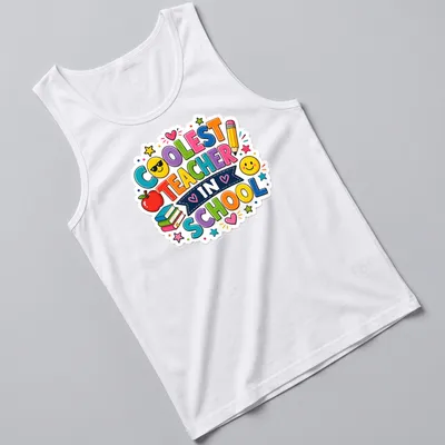 Colorful cartoon design with books and an apple featuring the text Coolest Teacher In School — printed on a tank top