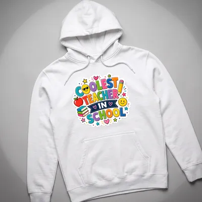 Colorful cartoon design with books and an apple featuring the text Coolest Teacher In School — printed on a unisex hoodie