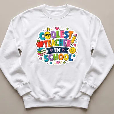 Colorful cartoon design with books and an apple featuring the text Coolest Teacher In School — printed on a unisex sweatshirt