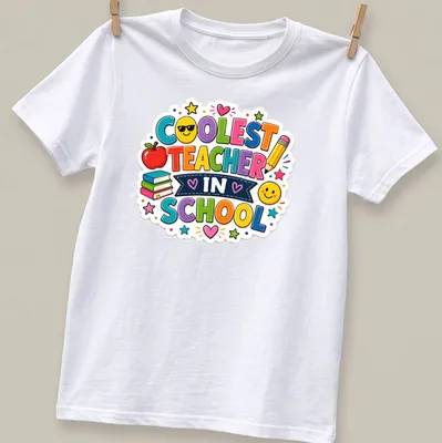 Colorful cartoon design with books and an apple featuring the text Coolest Teacher In School — printed on a unisex t-shirt