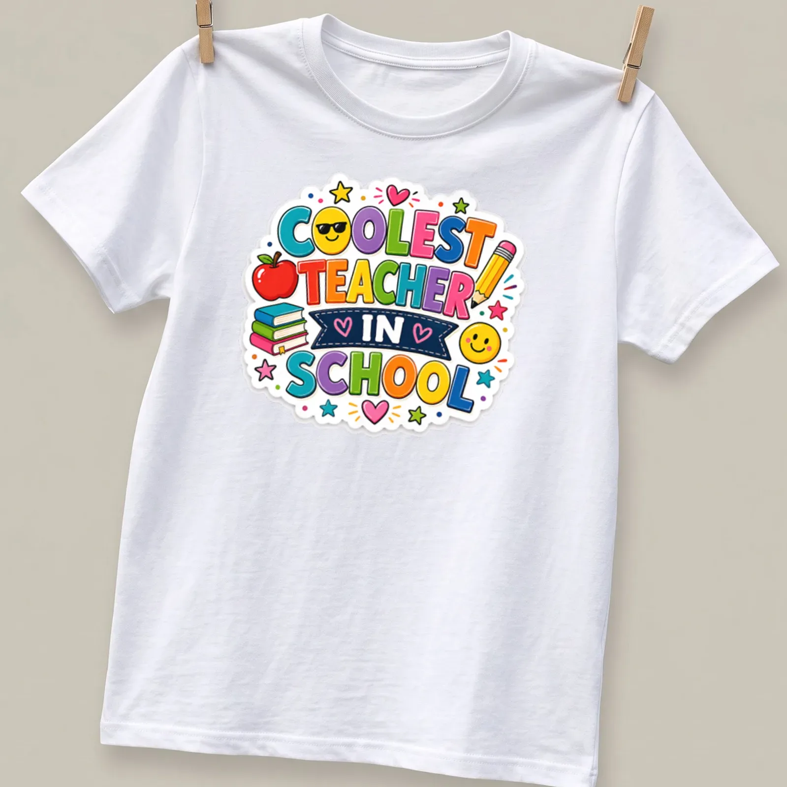 Colorful cartoon design with books and an apple featuring the text Coolest Teacher In School — printed on a unisex t-shirt