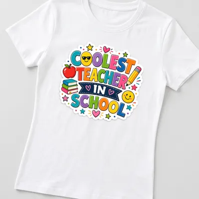 Colorful cartoon design with books and an apple featuring the text Coolest Teacher In School — printed on a women's shirt
