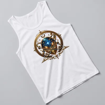 Intricate steampunk mechanical alien design in gold, blue, and black — printed on a tank top