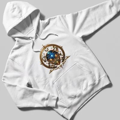 Intricate steampunk mechanical alien design in gold, blue, and black — printed on a unisex hoodie