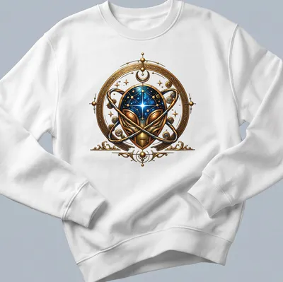 Intricate steampunk mechanical alien design in gold, blue, and black — printed on a unisex sweatshirt