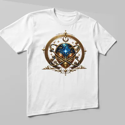 Intricate steampunk mechanical alien design in gold, blue, and black — printed on a unisex t-shirt (angled view)