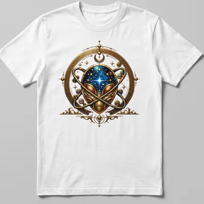 Intricate steampunk mechanical alien design in gold, blue, and black — printed on a unisex t-shirt