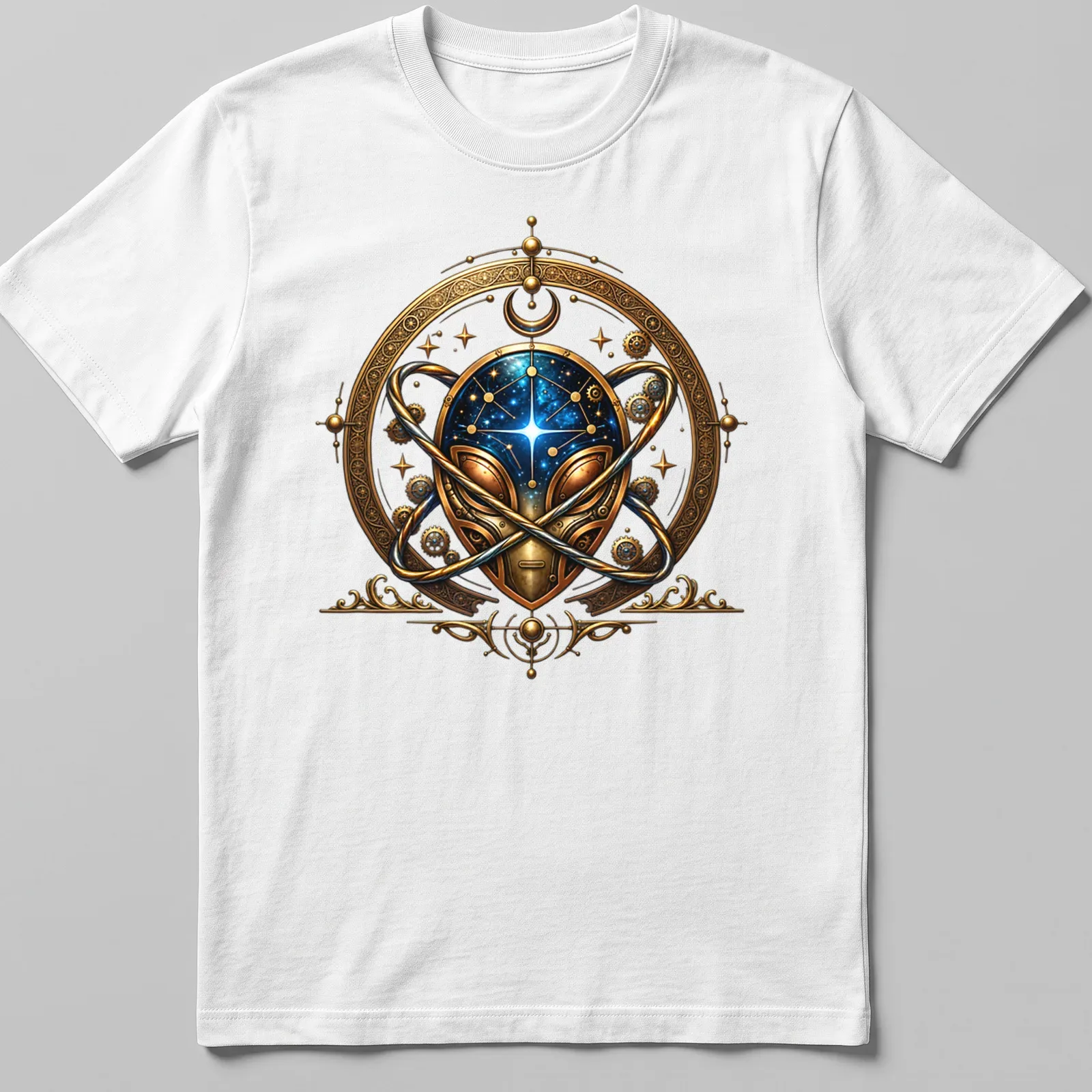 Intricate steampunk mechanical alien design in gold, blue, and black — printed on a unisex t-shirt