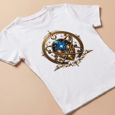 Intricate steampunk mechanical alien design in gold, blue, and black — printed on a women's shirt