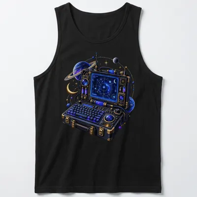 Retro tech illustration of a portable computer with a star map in blue, purple, and gold — printed on a tank top