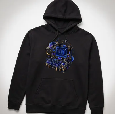 Retro tech illustration of a portable computer with a star map in blue, purple, and gold — printed on a unisex hoodie