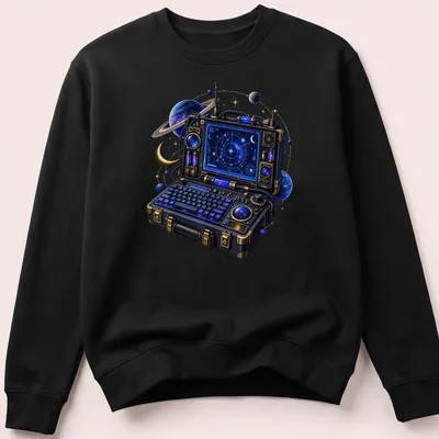 Retro tech illustration of a portable computer with a star map in blue, purple, and gold — printed on a unisex sweatshirt