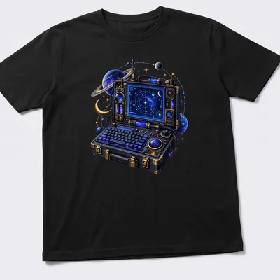 Retro tech illustration of a portable computer with a star map in blue, purple, and gold