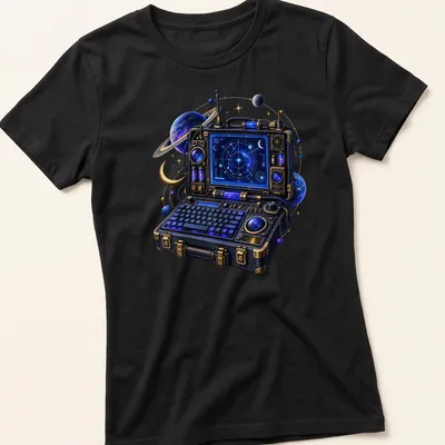 Retro tech illustration of a portable computer with a star map in blue, purple, and gold — printed on a women's shirt