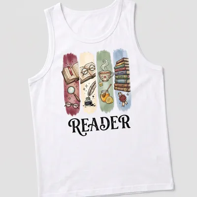 Whimsical Reader T-shirt featuring books, tea, and reading accessories in bright colors — printed on a tank top