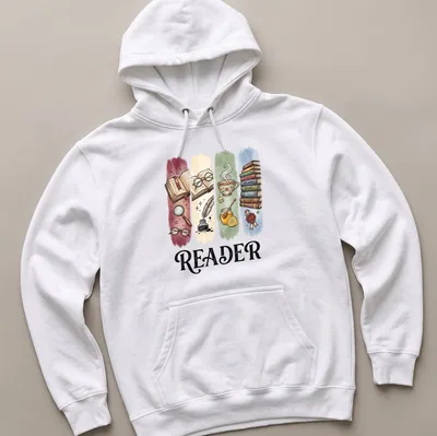 Whimsical Reader T-shirt featuring books, tea, and reading accessories in bright colors — printed on a unisex hoodie