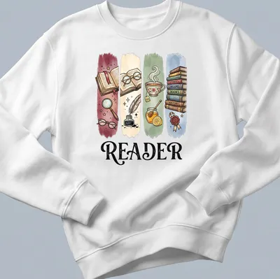 Whimsical Reader T-shirt featuring books, tea, and reading accessories in bright colors — printed on a unisex sweatshirt