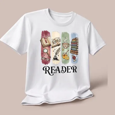 Whimsical Reader T-shirt featuring books, tea, and reading accessories in bright colors — printed on a unisex t-shirt (angled view)