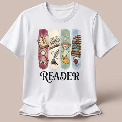 Whimsical Reader T-shirt featuring books, tea, and reading accessories in bright colors