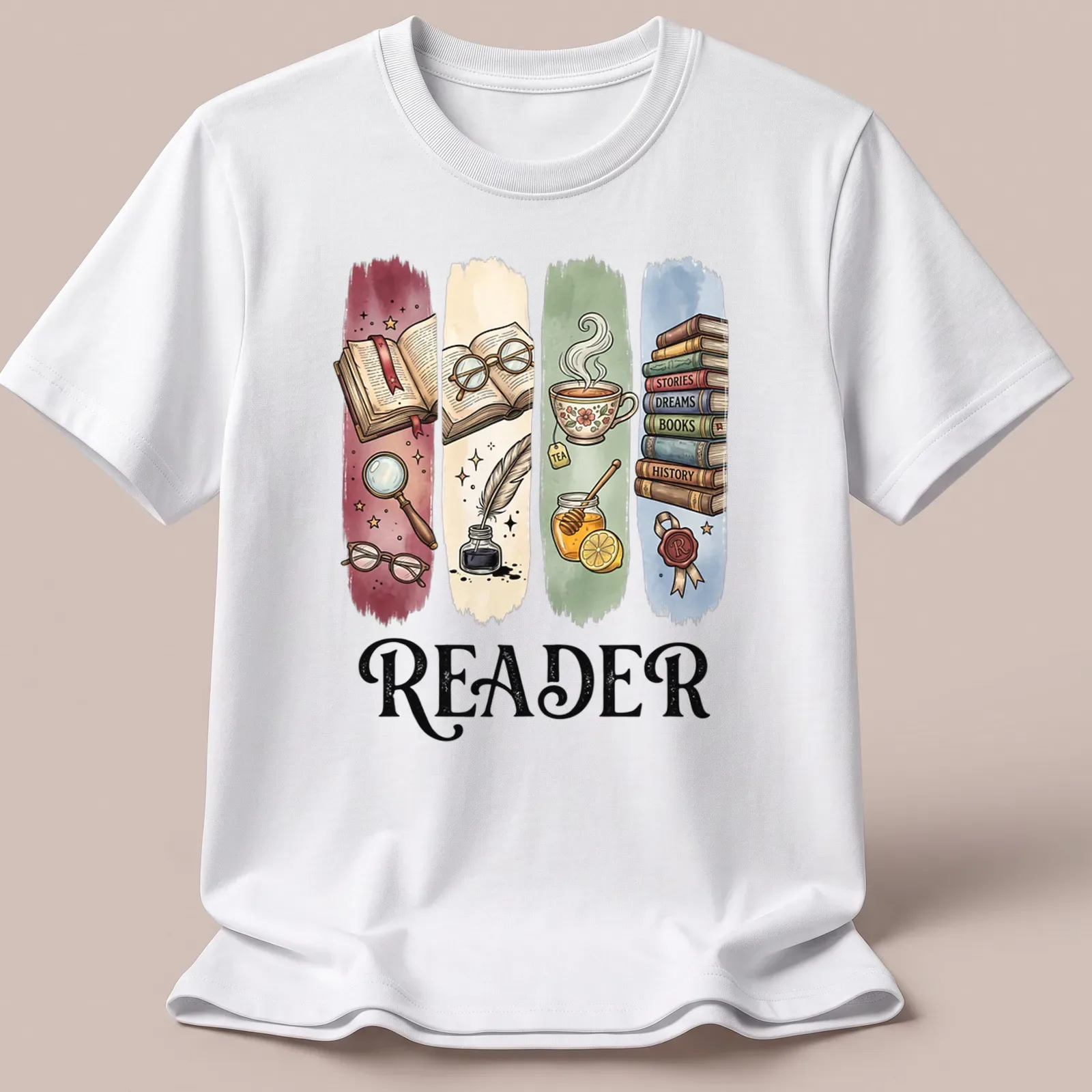 Whimsical Reader T-shirt featuring books, tea, and reading accessories in bright colors — printed on a unisex t-shirt