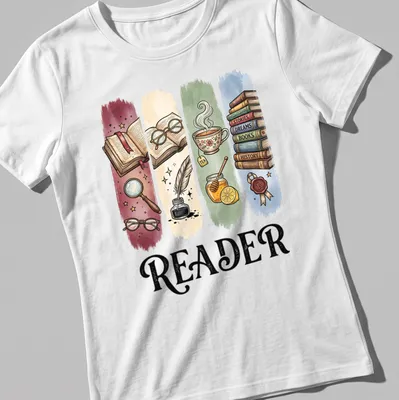 Whimsical Reader T-shirt featuring books, tea, and reading accessories in bright colors — printed on a women's shirt