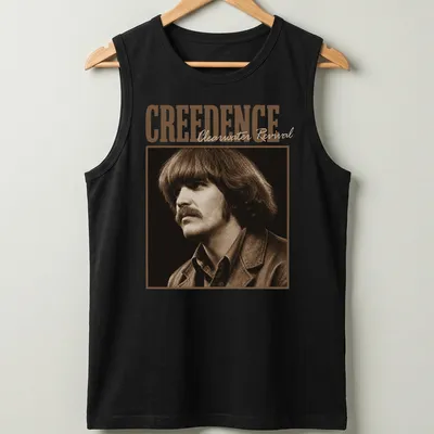Vintage style t-shirt featuring the text 'CREEDENCE Clearwater Revival' in brown and beige — printed on a tank top
