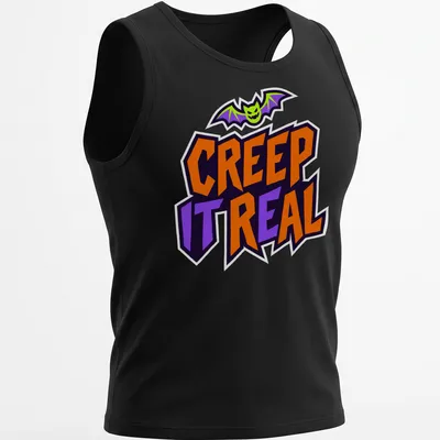 Cartoon bat graphic with Creep It Real text in Halloween colors — printed on a tank top