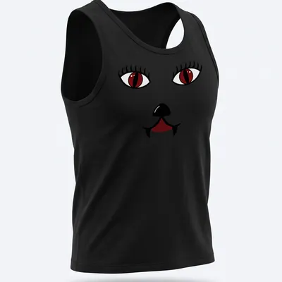 Kawaii vampire cat graphic with dark red eyes in black and white line art — printed on a tank top