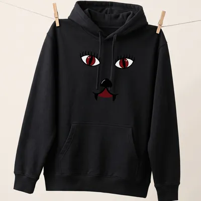 Kawaii vampire cat graphic with dark red eyes in black and white line art — printed on a unisex hoodie