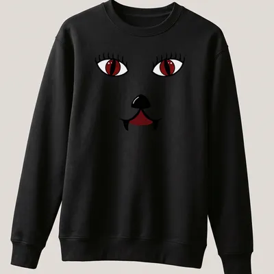 Kawaii vampire cat graphic with dark red eyes in black and white line art — printed on a unisex sweatshirt