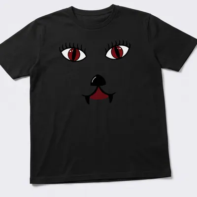 Kawaii vampire cat graphic with dark red eyes in black and white line art — printed on a unisex t-shirt