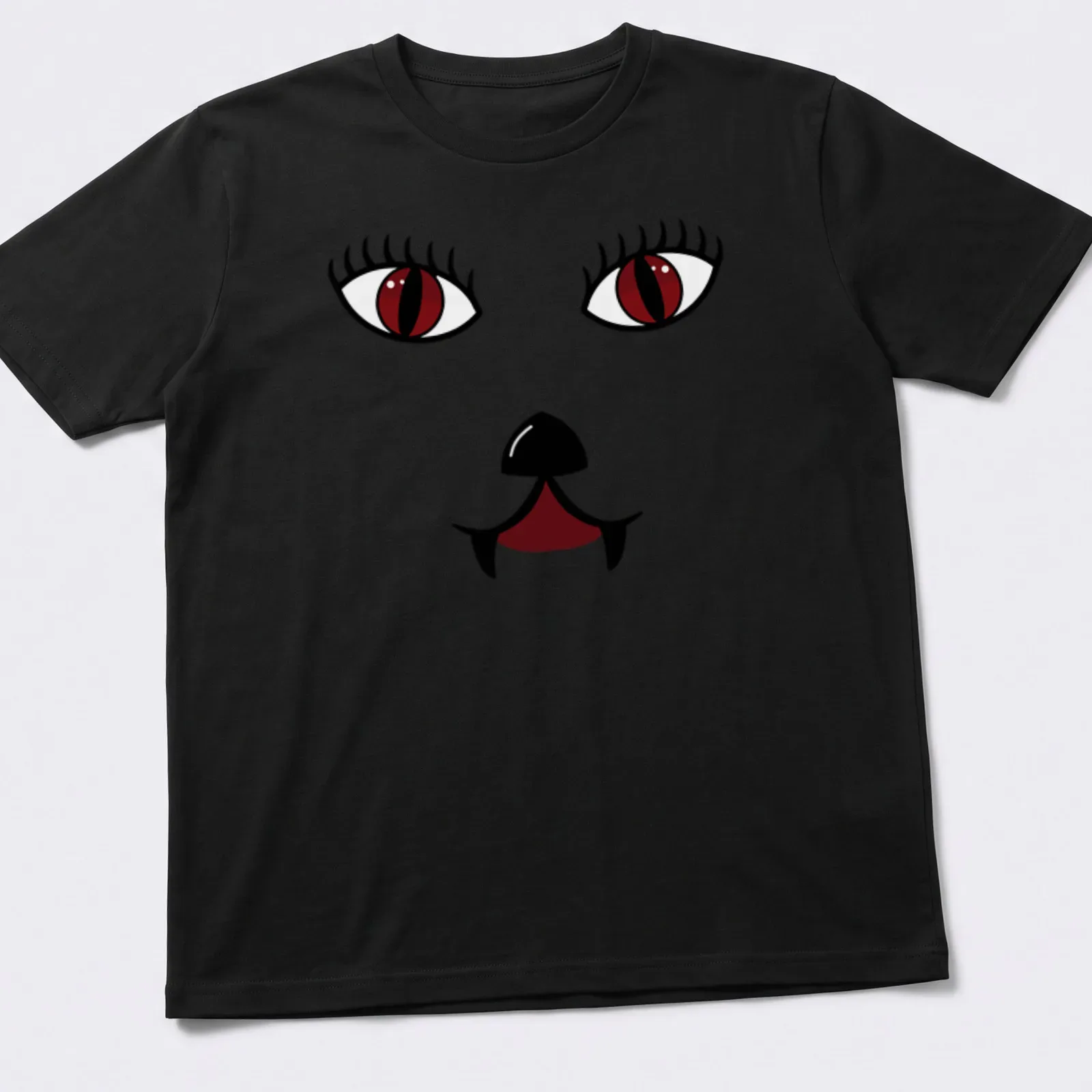 Kawaii vampire cat graphic with dark red eyes in black and white line art — printed on a unisex t-shirt