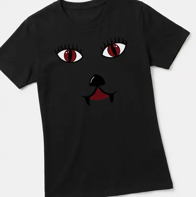 Kawaii vampire cat graphic with dark red eyes in black and white line art — printed on a women's shirt