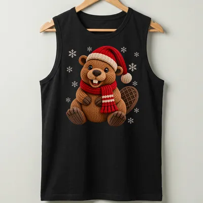 Illustration of a cute beaver wearing a Christmas hat and scarf in knit style — printed on a tank top